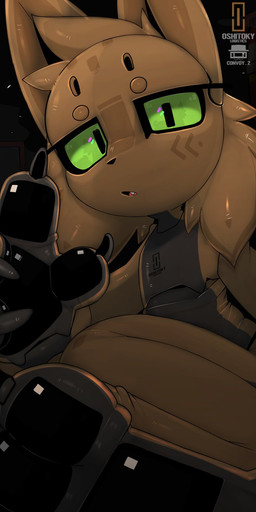 3_toes 4_fingers ambiguous_gender anthro black_background black_claws black_pawpads black_sclera brown_body circle_eyebrows claws countershade_torso countershading eyebrows feet fingers foreshortening glistening glistening_body glowing glowing_eyes green_eyes grey_body joints latex_body looking_at_viewer machine nude_anthro pawpads simple_background solo text toes presto_(artist) project_c.a.t.s shell_(presto) domestic_cat felid feline felis landcats living_machine mammal robot robot_anthro artist_name hi_res