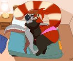 anthro bed clothed clothing crossdressing cuddling duo furniture hair hair_bun hug long_tail male male/male manbun on_bed overweight overweight_male panties pink_clothing pink_panties pink_underwear size_difference tail underwear kazecat akai_(kazecat) keda_(anime-wolf-08) ailurid canid canine mammal red_panda