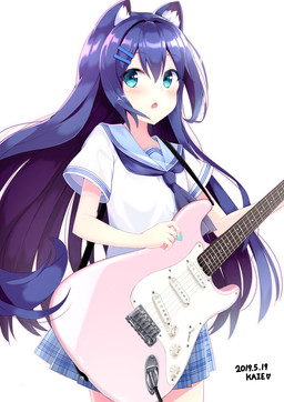5_fingers accessory asian_clothing blue_eyes blush bottomwear clothed clothing east_asian_clothing electric_guitar female female_humanoid fingers guitar guitar_pick hair hair_accessory holding_object inner_ear_fluff japanese_clothing japanese_school_uniform long_hair looking_at_viewer musical_instrument open_mouth plucked_string_instrument purple_hair school_uniform serafuku shirt simple_background skirt solo string_instrument topwear tuft uniform white_background kaie fender_musical_instruments_corporation stratocaster animal_humanoid cat_humanoid felid felid_humanoid feline feline_humanoid humanoid mammal mammal_humanoid 2019 digital_media_(artwork) hi_res portrait signature three-quarter_portrait