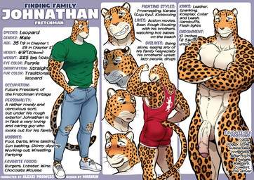 anthro bottomwear character_bio clothing crossed_arms denim denim_bottomwear denim_clothing flexing footwear foreskin genitals hand_in_pocket humanoid_genitalia humanoid_penis jeans male pants penis pockets shirt shoes stated_heterosexuality stated_sexuality text topwear wrestling_singlet maririn johnathan_fretchman felid leopard mammal pantherine english_text