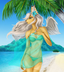 anthro beach bikini biped breasts cleavage clothed clothing cocked_hip detailed_background feathered_wings feathers female hair long_hair midriff nature outside sand seaside seductive skimpy slim solo standing swimwear thigh_gap two-piece_swimsuit wind wings elvofirida canid canine mammal hi_res