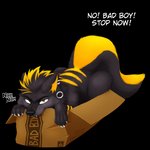 bite black_body black_fur black_nose black_tail box cardboard cardboard_box claws container dialogue fangs fur in_box in_container multicolored_body multicolored_fur solo tail teeth text two_tone_body two_tone_fur yellow_body yellow_fur yellow_tail nekinu_the_outsider elsifthewolf canid canine canis mammal wolf 1:1 alpha_channel english_text hi_res