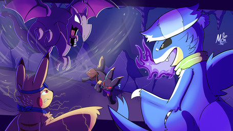 action_pose action_scene adventure adventurer air_slash anthro attack attack_pose attacked battle blue_scarf bodily_fluids clenched_teeth eyewear feet feral fighting_pose flying glowing glowing_eyes goggles green_scarf group male motion_lines pose purple_scarf scared scarf shadow sweat sweatdrop teeth moxiepawler_(artist) nintendo pokemon pokemon_mystery_dungeon spike_chunsoft aerodactyl eeveelution fossil_pokemon garchomp generation_1_pokemon generation_2_pokemon generation_4_pokemon pikachu pokemon_(species) umbreon 16:9 4k absurd_res digital_media_(artwork) hi_res widescreen