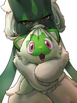 ambiguous_gender anthro biped bite bodily_fluids crying duo feral fur green_body green_fur hug hugging_another looking_at_viewer mask open_mouth pink_nose quadruped red_eyes simple_background standing tears thick_thighs wide_hips mimideu64931 nintendo pokemon felid feline generation_9_pokemon mammal meowscarada pokemon_(species) sprigatito 2026 hi_res