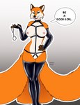 absurd_res anthro canid canine collar cuff_(restraint) cynthiafeline dialogue dominant dominant_female english_text female fox good_girl handcuffs harness hi_res latex lucy_(disambiguation) mammal metal_cuffs nipples restraints shackles smile smiling_at_viewer solo speech_bubble text