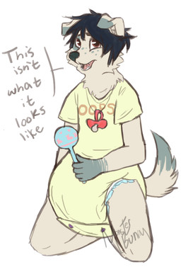 ageplay ambiguous_gender anthro baby_bodysuit clean_diaper clothed clothing dialogue diaper diaper_under_clothing diaper_under_onesie dipstick_ears dipstick_tail ear_markings fur hair looking_at_viewer markings multicolored_ears onesie open_mouth pacifier pacifier_necklace rattle roleplay simple_background smile snapsuit solo speech_bubble tail tail_markings text wearing_diaper white_background monsterbunny gally_(monsterbunny) canid canine canis domestic_dog mammal 2015 archived_source digital_drawing_(artwork) digital_media_(artwork) english_text signature