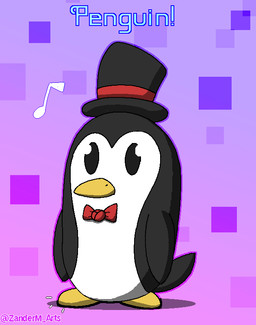ambiguous_gender anthro beak black_body black_feathers blinking bow_tie clothing dancing feathers hat headgear headwear musical_note musical_symbol red_bow_tie rgb_lighting solo symbol tail tail_feathers tapping_foot text top_hat white_body white_feathers yellow_beak zandermanith avian bird penguin 2d_animation animated artist_name digital_media_(artwork) english_text hi_res pixel_(artwork) pixel_animation male_(lore)