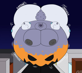 artist_initials big_butt butt creaking fluffy fluffy_tail hissing huge_butt hyper hyper_butt hyper_inflation inflation initials jack-o'-lantern machine moobs motion_lines onomatopoeia sound_effects tail text blubberlads protogen 2025 hi_res