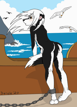 3_toes 4_fingers anthro barefoot black_body black_fur boat bound brown_eyes butt captured chain chained cuff_(restraint) feet female fingers fur hair hindpaw humanoid_hands multicolored_body multicolored_fur nude nude_anthro nude_female outdoor_nudity outside paws restraints sea shackles slave solo spoils_of_war standing tail tail_between_legs toes two_tone_body two_tone_fur vehicle water watercraft white_body white_fur white_hair delisle canid canine canis collie domestic_dog herding_dog mammal pastoral_dog sheepdog 2020 hi_res