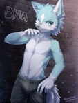 5_fingers anthro biped bulge claws clothed clothing fingers fur green_body green_fur looking_at_viewer male navel one_eye_closed outside raised_arm solo standing topless white_body white_fur ivan-jhang brand_new_animal studio_trigger shirou_ogami canid canine canis mammal wolf 2020 3:4 dated hi_res