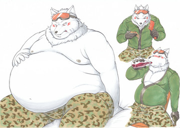 anthro belly big_belly biped blush bottle camo camo_print chair chubby_cheeks clothed clothing container double_chin drinking eating eyewear eyewear_on_head facial_markings food fur furniture gloves goggles goggles_on_head hand_on_belly handwear head_markings holding_bottle holding_container holding_food holding_object male markings moobs navel nipples obese obese_anthro obese_male overweight overweight_anthro overweight_male pizza sitting solo thick_thighs three_frame_image three_frame_sequence topless weight_gain white_body white_fur wide_hips killpanda canid canine canis mammal wolf hi_res sequence traditional_media_(artwork)
