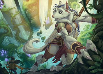 anthro armor backpack blue_hair bottomwear bracers breasts claws cleavage climbing clothed clothing duo female forest fur hair hat headgear headwear holding_object holding_paper holding_vine jungle long_hair looking_at_another looking_down male midriff multicolored_hair paper plant shoulder_pads skirt solo_focus spring tree vines water waterfall white_body white_fur white_hair adrian_barrios e-mann chaotic blazier_(chaotic) eremia_(chaotic) canid canine canis humanoid mammal wolf 2009 official_art