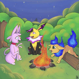 bell bell_collar black_body black_fur blue_eyes campfire collar collar_only feral front_view fur fusion group log male multicolored_body multicolored_fur night nude open_mouth outside pawpads paws pink_body pink_eyes pink_fur plant pokemon_fusion quadruped shrub side_view sitting sky sparkles sparkling_eyes trio two_tone_body two_tone_fur wood yellow_body yellow_fur aztepyeen nintendo pokemon cyrus_(cyflare) fan_character pryde_the_jolteon reste eeveelution espeon flareon generation_1_pokemon generation_2_pokemon hybrid jolteon pokemon_(species) umbreon 1:1 2022 absurd_res hi_res
