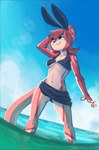 anthro bikini breasts clothing digital_media_(artwork) female hand_on_head hi_res mammal momo_(sy_noon) mustelid otter partially_submerged sea shaded solo standing_in_water swimwear sy_noon under_boob water