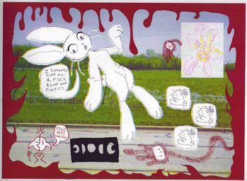 ambiguous_gender anthro female feral moon photo_background profanity road screen_print silkscreen solo text iris_krane floraverse andre_(floraverse) angel_(floraverse) lagomorph leporid mammal rabbit absurd_res english_text hi_res mixed_media photography_(artwork)