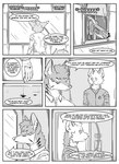 absurd_res anthro black_and_white blood bodily_fluids canid canine clothed clothing comic dialogue door ear_piercing english_text eric_doyle fox group hi_res hybrid inner_ear_fluff kifyun2 machine male mammal monochrome one_way_mirror piercing scientist(undying_void) simple_background speech_bubble tatsuo_kimura text trio tuft turret weapon