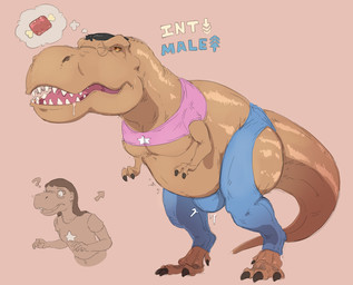 bodily_fluids bottomwear brown_body brown_skin bulge claws clothed clothing demi_transformation drooling expansion eyewear female feral food ftm_transformation gender_transformation glasses growth human_to_feral intelligence_loss male meat meat_on_bone mid_transformation pants pink_background pubis_bulge pubis_bulge_in_pants question_mark saliva sequential_arrow sharp_teeth short_arms simple_background snout snout_expansion snout_growth solo species_transformation tail tan_body tan_skin teeth text thought_bubble torn_clothing transformation transformation_sequence veiny_feet subakitsu dinosaur human mammal prehistoric_species reptile saurischian scalie theropod tyrannosaurid tyrannosauroid tyrannosaurus tyrannosaurus_rex english_text hi_res