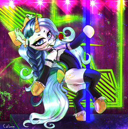 cutie_mark dancing ear_tuft female feral flower flower_in_mouth genitals horn inner_ear_fluff nude plant pole pole_dancing rose_(flower) rose_in_mouth solo tuft vulva caliluminos hasbro my_little_pony mythology equid equine horse mammal mythological_creature mythological_equine pony unicorn absurd_res hi_res