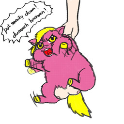 ambiguous_gender ambiguous_human angry areola crotch_breasts dialogue disembodied_hand duo female female_feral feral fur hooves lifting_another light_body light_skin motion_lines open_mouth pink_body pink_fur simple_background solo_focus tail teeth text white_background yellow_eyes yellow_hooves yellow_tail yellowcottoncandy030 fluffy_pony fluffy_pony_(species) human mammal 1:1 2025 broken_language english_text flat_colors hi_res