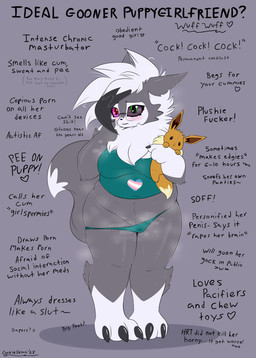 anthro blush bodily_fluids clothed clothing dialogue eyewear genital_fluids glasses gooner gynomorph hair heart_symbol intersex lgbt_pride messy_hair musk partially_clothed plushie pokemorph precum precum_through_clothing pride_colors profanity slightly_chubby solo sweat text transgender_pride_colors wet wet_clothing conditional_dnp skoon nintendo pokemon cookie_(skoon) eevee generation_1_pokemon generation_7_pokemon hybrid lycanroc midnight_lycanroc pokemon_(species) 2025 absurd_res english_text hi_res trans_(lore) trans_woman_(lore)