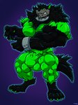 4_toes anthro balls_outline big_bulge big_muscles black_body black_fur bulge claws clothed clothing collar cuff_(restraint) detailed_bulge feet finger_claws fur genital_outline glowing green_claws green_clothing green_eyes huge_muscles hyper hyper_muscles male muscular muscular_anthro muscular_male nipple_outline pecs penis_outline restraints shackles solo teeth tight_clothing toe_claws toes torn_clothing vein rackun danny_phantom nickelodeon wulf_(danny_phantom) canid canine canis ghost mammal spirit wolf