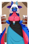 2_horns alcohol anthro barely_contained beer beer_mug beverage big_breasts black_sclera blue_body blue_scales breasts cleavage clothed clothing container cup dress fangs female gem hair holding_container holding_cup holding_mug holding_object horn mug multicolored_clothing open_mouth purple_tongue red_body red_scales scales solo tail teeth teeth_showing tongue underbelly white_hair yellow_eyes kloudmutt mythology oliessa_gemhorn dragon mythological_creature mythological_scalie scalie wingless_dragon 2023 2:3 absurd_res hi_res