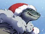 anthro blue_background christmas_clothing christmas_headwear clothing eyes_closed female fur_trim_(clothing) hat headgear headwear holidays jacket outside santa_hat simple_background smile snow snowing solo teeth topwear fizzpop christmas chell_(fizzpop) leopard_seal mammal marine pinniped seal hi_res signature