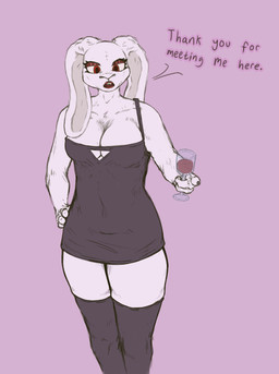 absolute_territory albino alcohol anthro beverage breasts cleavage cleavage_cutout clothed clothing container cup curvy_figure cutout dress drinking_glass female glass glass_container glass_cup legwear looking_down makeup open_mouth solo standing text thigh_highs wine wine_glass axentooth lagomorph leporid mammal rabbit english_text