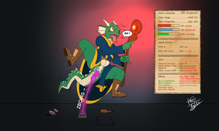 anthro dildo dildo_insertion dildo_trap gameplay_mechanics male rpg_dungeon sex_toy sex_toy_insertion solo stats_screen surprised denton mythology zooks_(character) animal_humanoid dragon dragon_humanoid humanoid mythological_creature mythological_scalie scalie absurd_res hi_res