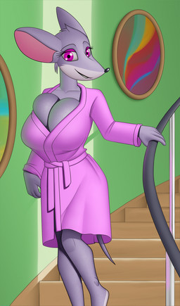 anthro bathrobe big_breasts breasts cleavage clothed clothing female fur grey_body grey_fur huge_breasts looking_at_viewer robe smile solo stairs tail teeth conditional_dnp creatiffy geronimo_stilton_(series) thea_stilton house_mouse mammal mouse murid murine rodent absurd_res digital_media_(artwork) hi_res