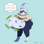 anthro big_breasts big_butt bottomwear breasts butt clothing female fur green_eyes hair horn huge_breasts huge_butt long_hair oral_vore pants standing sweater talking_to_prey topwear vore white_body white_fur dirtymac bovid caprine goat mammal boss_monster_(disambiguation) absurd_res hi_res