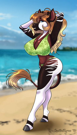 beach bikini breasts cleavage clothed clothing female hair seaside smile solo swimwear two-piece_swimsuit tiggybloom giraffid mammal okapi digital_media_(artwork) hi_res shaded