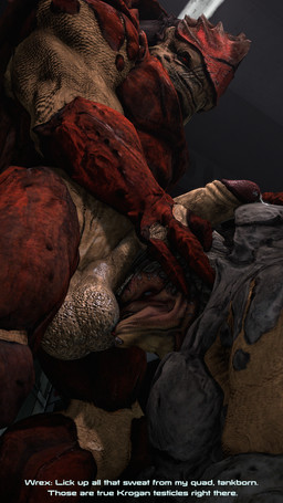 4_balls balls big_balls big_penis bodily_fluids body_worship dialogue dominant dominant_male duo erection foreskin genital_fluids genitals huge_penis humanoid_genitalia humanoid_penis kneeling male male/male multi_balls multi_genitalia muscular muscular_male musk nude open_mouth penis precum retracted_foreskin submissive submissive_male sweat sweaty_balls sweaty_genitalia text cheap-wazoo bioware electronic_arts mass_effect grunt_(mass_effect) urdnot_wrex alien krogan 3d_(artwork) absurd_res digital_media_(artwork) english_text hi_res source_filmmaker_(artwork)