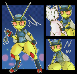 2_toes 4_fingers :> abstract_background ambiguous_gender angry antennae_(anatomy) anthro arrested arthropod_abdomen back_wings big_eyes black_body black_border black_exoskeleton blue_clothing blue_hat blue_headwear blue_shirt blue_topwear blue_vest border bottomless breasts butt closed_frown closed_smile clothed clothing crouching cuff_(restraint) duo exoskeleton eyelashes featureless_chest featureless_crotch feet fingers fist frown fur furgonomic_headwear furgonomic_topwear furgonomics green_body green_exoskeleton halftone_background halftone_shading handcuffed handcuffs hat headgear headwear holding_handcuffs insect_wings looking_at_another looking_back looking_back_at_another metal_cuffs mouth_closed multicolored_body multicolored_exoskeleton no_pupils nude outline pattern_background pink_eyes pink_sclera police police_hat police_officer police_uniform red_body red_exoskeleton restraints shirt simple_background smile standing tail text text_on_clothing text_on_topwear text_on_vest thick_thighs toes topwear uniform vest whiskers white_body white_fur white_outline wide_hips wing_clothing wings lizardfungus cc-by-nc-nd creative_commons arthropod domestic_cat felid feline felis grasshopper insect mammal orthopterid 2025 aliasing binary_drawing digital_drawing_(artwork) digital_media_(artwork) english_text halftone multiple_images