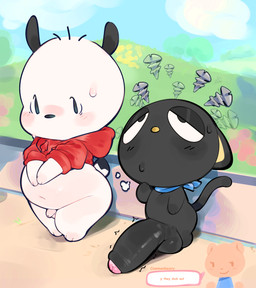 anthro balls belly big_balls big_penis biped black_balls black_body black_ears black_foreskin black_penis black_tail black_tail_tip blue_scarf blue_sky blush bodily_fluids bottomless bottomless_anthro bottomless_male chibi clothed clothed_anthro clothed_male clothing day detailed_background dialogue dipstick_tail duo foreskin genitals glans hoodie huge_penis humanoid_genitalia humanoid_penis hyper hyper_genitalia hyper_penis looking_at_another male markings monotone_body mostly_nude mostly_nude_anthro mostly_nude_male mouthless navel no_sclera outside penis penis_size_difference pink_glans pivoted_ears pupils red_clothing red_hoodie red_topwear scarf scarf_only screw short_tail simple_eyes sky slightly_chubby slightly_chubby_anthro slightly_chubby_male small_balls small_penis speech_bubble standing sweat sweatdrop tail tail_markings topwear white_body white_eyes white_speech_bubble wide_hips yellow_inner_ear yellow_nose young young_anthro young_male ligma_(artist) hello_kitty_(series) sanrio chococat pochacco canid canine canis domestic_cat domestic_dog felid feline felis mammal 2026 archived_source digital_drawing_(artwork) digital_media_(artwork) hi_res shaded
