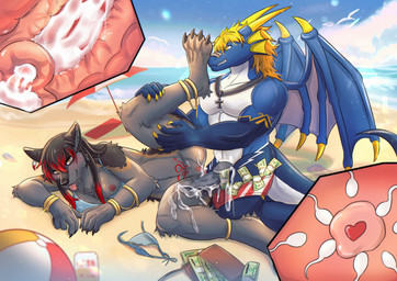 4_toes 5_fingers after_sex anklet anthro anthro_on_anthro ball banknote beach beach_ball beach_umbrella big_penis bikini bikini_bottom bikini_top black_body black_fur black_nose blonde_hair blue_body blue_scales bodily_fluids bottomless bottomless_anthro bottomless_female bracelet breasts cervix claws clothed clothed_anthro clothed_female clothed_male clothing cum cum_in_uterus cum_in_vagina cum_inside cum_on_leg cum_on_penis day discarded_bikini_bottom discarded_clothing discarded_swimwear duo erection fangs feet female finger_claws fingers fur genital_fluids genitals gold_(metal) gold_anklet gold_bracelet gold_jewelry grey_body grey_fur hair highlights_(coloring) hindpaw holding_leg horn humanoid_hands impregnation inflatable internal interspecies interspecies_impregnation jewelry kneeling knot knotted_penis looking_pleasured lying lying_on_ground lying_on_sand male male/female membrane_(anatomy) membranous_wings messy money money_in_speedo money_in_swimwear multicolored_body multicolored_fur multicolored_scales necklace nipples on_ground on_sand on_side one_breast_out outside ovum ovum_with_heart parasol partially_clothed partially_clothed_anthro partially_clothed_female partially_clothed_male paws penis prostitution public public_exposure red_highlights sand satisfied scales sea smile smirk speedo speedo_down sperm_cell spread_legs spreading swimwear swimwear_down tail teeth toe_claws toes tongue tongue_out topless topless_anthro topless_male two-piece_swimsuit two_tone_body two_tone_fur two_tone_scales uterus vulva wallet water white_body white_scales wings womb_tattoo dbyizhen mythology dragon_enigma inkcloud canid canine canis dragon mammal mythological_creature mythological_scalie scalie wolf story story_in_description