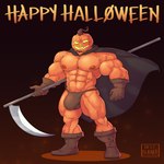 5_fingers abs areola boots brown_boots brown_cape brown_clothing brown_footwear brown_gloves brown_handwear brown_underwear bulge cape clothing detailed_bulge eye_scar facial_scar fingers food footwear for_a_head fruit gloves handwear holding_scythe holiday_message holidays jack-o'-lantern male melee_weapon muscular muscular_humanoid muscular_male nipples not_furry pecs plant polearm pumpkin pumpkin_head scar scythe shoes solo text underwear weapon beefburner halloween humanoid object_head 1:1 english_text hi_res