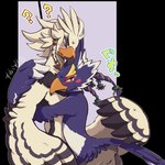 anthro beak blue_body blue_feathers braided_pseudo_hair duo feathers hug male male/male nude size_difference text white_body white_feathers wings sunekosuri_z breath_of_the_wild nintendo the_legend_of_zelda revali teba_(tloz) avian bird rito 1:1 japanese_text