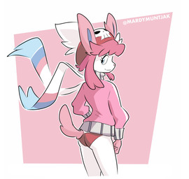 alternate_species anthro blue_eyes bottomwear butt clothed clothing cosplay female fur furrification hair hat headgear headwear looking_back panties pink_hair rear_view simple_background smile solo tail topwear track_jacket underwear uniform white_body mardymuntjak kill_la_kill nintendo pokemon studio_trigger nonon_jakuzure eeveelution generation_6_pokemon mammal pokemon_(species) sylveon 2026 digital_media_(artwork) hi_res
