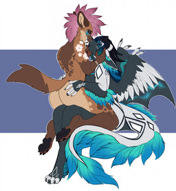 anthro biped breasts butt claws duo feathers feet female fingers fur hair horn nude nude_anthro nude_female romantic sitting smile tail teeth toes wings mocha-wing mythology dragon hyena mammal mythological_creature mythological_scalie scalie 2026 digital_drawing_(artwork) digital_media_(artwork) hi_res