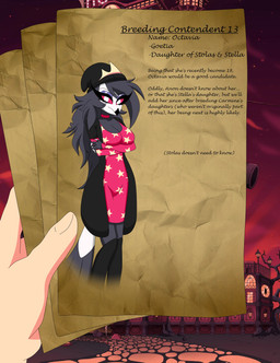 alternative_fashion anthro beanie black_text breasts clothing crossed_arms disembodied_hand female first_person_view fur goth grey_body grey_fur grey_hair hair hat headgear headwear holding_object holding_paper human_pov long_hair looking_at_viewer paper pink_eyes pov_hands solo_focus standing text white_face xml_xrossover_(artist) hellaverse helluva_boss octavia_(helluva_boss) avian avian_demon bird demon human mammal owl owl_demon absurd_res hi_res