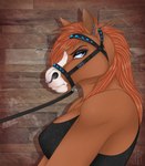 anthro bridle ear_piercing ear_ring eyebrow_piercing facial_piercing female harness nose_piercing nose_ring piercing plant pose ring_piercing septum_piercing septum_ring solo western thehuntingwolf bree equid equine horse mammal absurd_res hi_res pinup