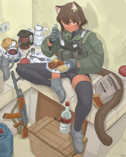 ak-74 alcohol assault_rifle beverage black_bottomwear black_clothing black_legwear black_shorts black_thigh_highs bottomwear box brown_body brown_hair brown_skin brown_tail clothed clothed_female clothed_humanoid clothing coffee container crate cutlery dark_body dark_skin detailed_background eating electrical_outlet female food footwear gloves green_clothing green_jacket green_topwear grey_clothing grey_footwear grey_gloves grey_handwear grey_shoes gun hair handgun handwear holding_object holding_plate holding_spoon holster holstered_revolver inner_ear_fluff jacket kitchen_utensils legwear looking_at_viewer mre plate pouch_(clothing) propane_tank ranged_weapon red_eyes revolver rifle salt_shaker shoes shorts sitting solo spoon sugar sugar_cube tail teapot thigh_highs tools topwear tuft vodka weapon vodnik kalashnikov animal_humanoid cat_humanoid felid felid_humanoid feline feline_humanoid humanoid mammal mammal_humanoid 2023 absurd_res hi_res