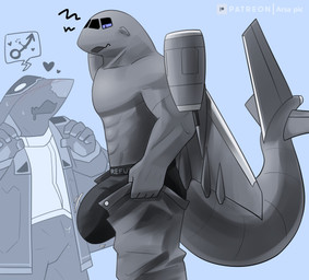 absurd_res aircraft anthro baggy_clothing big_bulge blue_eyes bodily_fluids bottomwear bulge butt clothed clothing drooling duo hi_res ivxair3p living_aircraft living_machine living_vehicle machine male meme muscular muscular_anthro muscular_male open_mouth pants pulling_up_pants saliva sweat throbbing tight_pants_(meme) topless topless_anthro topless_male underwear vehicle