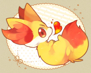 3_toes ambiguous_gender breath_powers curled_up digitigrade dipstick_tail elemental_manipulation facial_tuft feet feral fire fire_breathing fire_manipulation fluffy fluffy_tail fur head_markings heart_symbol inner_ear_fluff looking_at_viewer markings orange_body orange_eyes orange_fur orange_markings orange_tail_tip pattern_background paws quadruped ribbons simple_background solo tail tail_markings toes tuft white_body white_fur white_markings yellow_body yellow_fur michi_runi nintendo pokemon canid canine elemental_creature fennekin generation_6_pokemon mammal pokemon_(species) digital_media_(artwork) unavailable_at_source