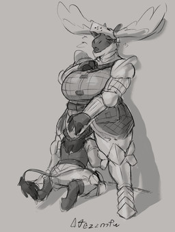 ambiguous_anthro ambiguous_gender anthro armor clothed clothing cunnilingus duo eyes_closed female female/ambiguous female_anthro front_view headgear helmet kneeling open_mouth oral overweight overweight_anthro overweight_female rear_view sex slim_ambiguous slim_anthro standing tail tail_tuft tuft vaginal jezzlen chuy_(jezzlen) deer mammal moose new_world_deer hi_res monochrome signature sketch male_(lore)