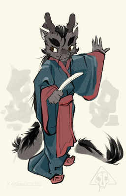 2_horns 4_fingers anthro asian_clothing biped black_body black_fur chinese_clothing clothed clothed_anthro clothed_male clothing east_asian_clothing extended_arm fingers fur hanfu holding_object horn logo long_tail looking_aside male male_anthro pelvic_curtain robe sash simple_background solo standing tail tail_mane tail_tuft three-quarter_view tuft whiskers john002021 mythology dragon eastern_dragon mythological_creature mythological_scalie scalie 2025 absurd_res artist_logo hi_res