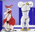 anthro balls bathing becoming_erect big_balls big_penis duo erection genitals huge_balls huge_penis hyper hyper_balls hyper_genitalia male muscular muscular_male penis shower alythewolfcat austin_fennec_(crescent-blue-zero) avian bird canid canine fennec_fox fox gull lari larid mammal true_fox hi_res