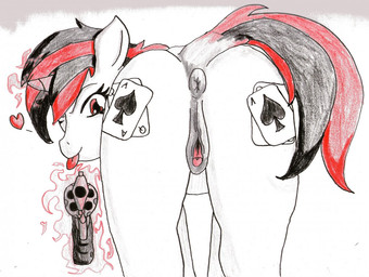 ace_of_spades alternate_universe anatomically_correct anatomically_correct_genitalia anatomically_correct_vulva animal_genitalia animal_vulva anus black_hair card clitoral_winking clitoris cutie_mark equine_genitalia equine_vulva female feral genitals gun hair handgun heart_reaction heart_symbol horn looking_at_viewer looking_back looking_back_at_viewer magic multicolored_hair pistol playing_card quadruped ranged_weapon rear_view red_eyes red_hair revolver solo spades_(suit) standing suit_symbol tail tongue tongue_out two_tone_hair vulva weapon shadow-scrub fallout fallout_equestria foe:_project_horizons friendship_is_magic hasbro microsoft my_little_pony mythology blackjack_(fallout_equestria) fan_character equid equine horse mammal mythological_creature mythological_equine pony unicorn crossover