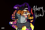 anthro biped bottomwear brown_body clothing costume halloween_costume holidays humanoid_hands night outside pants shirt solo text tongue tongue_out topwear rinhatsuyuki brok_the_investigator cowcat_games halloween ott_(brok_the_investigator) hybrid mammal mustelid otter 2022 3:2 hi_res